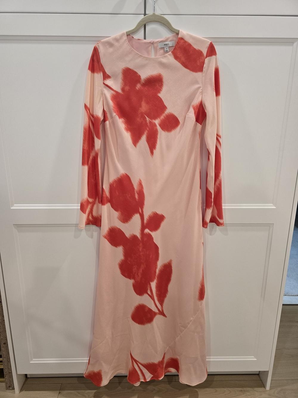 Marks & Spencer Pink Dress with Bold Red Floral Print — Long Sleeve Midi